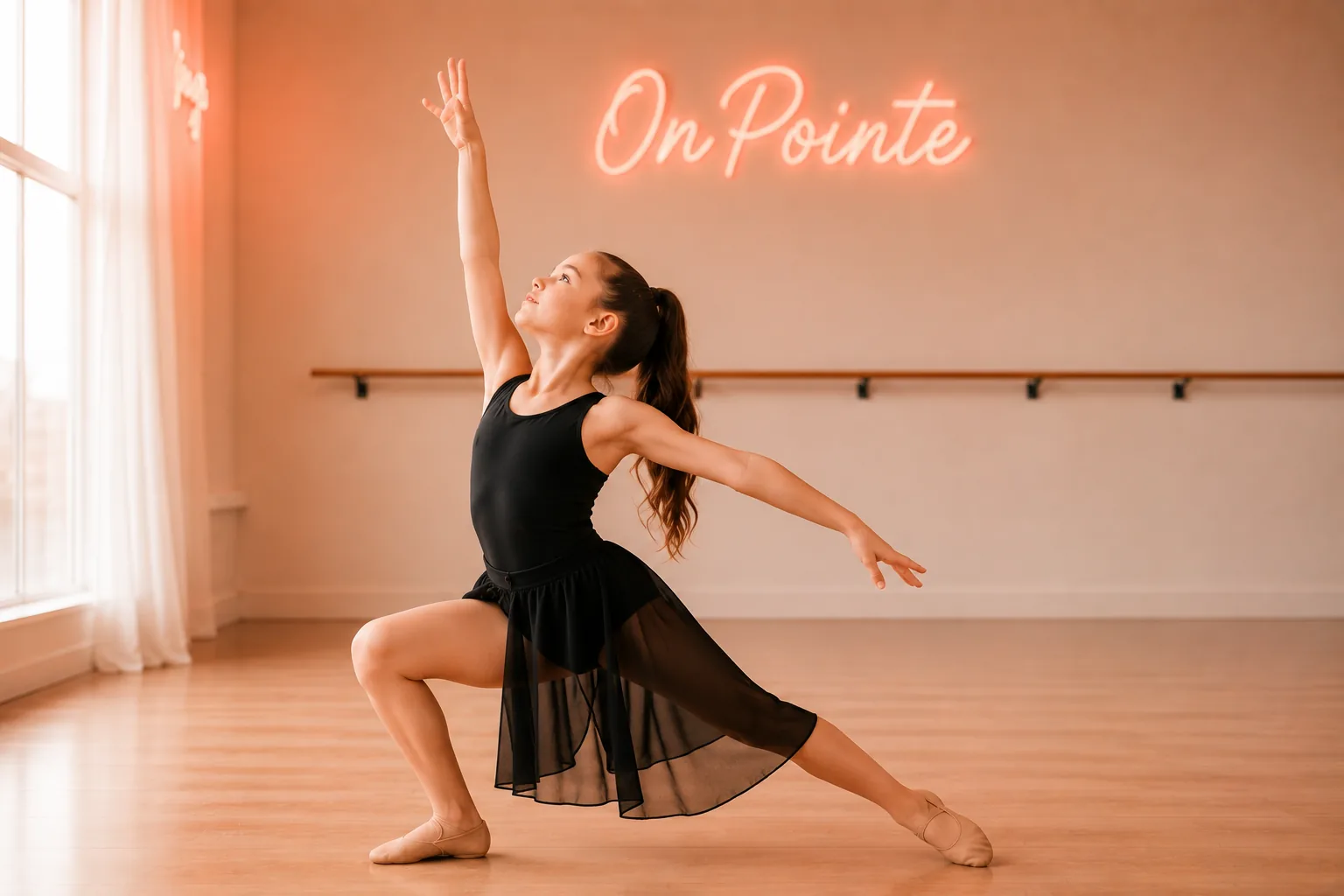 A young lyrical dancer in a deep lunge, reaching upward