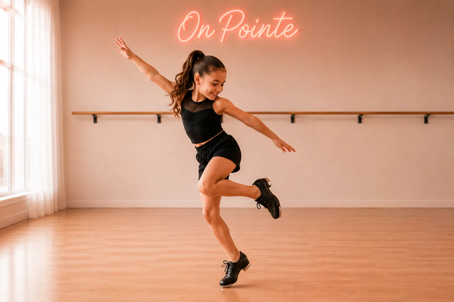 A young tap dancer mid-step at the barre